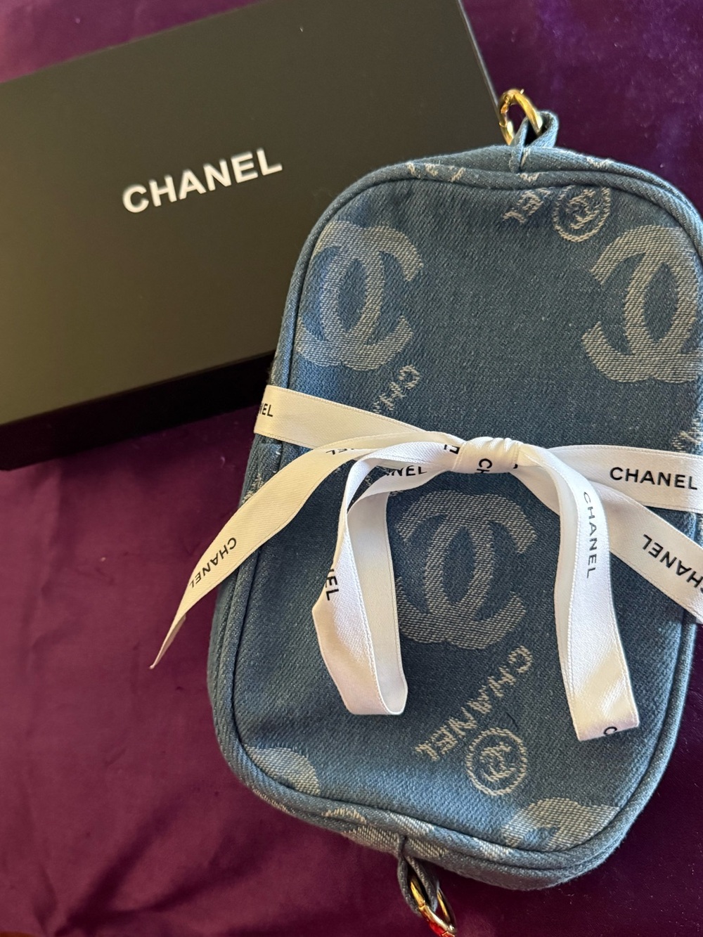 Chanel Denim Crossbody Bag with White & Gold Chain